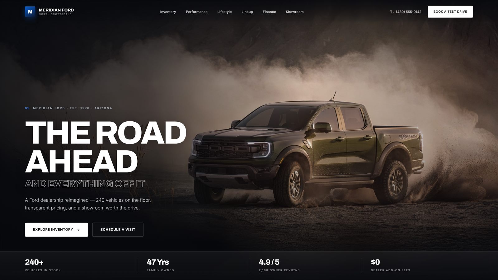 Meridian Ford concept homepage with a Ranger Raptor hero and a stat bar
