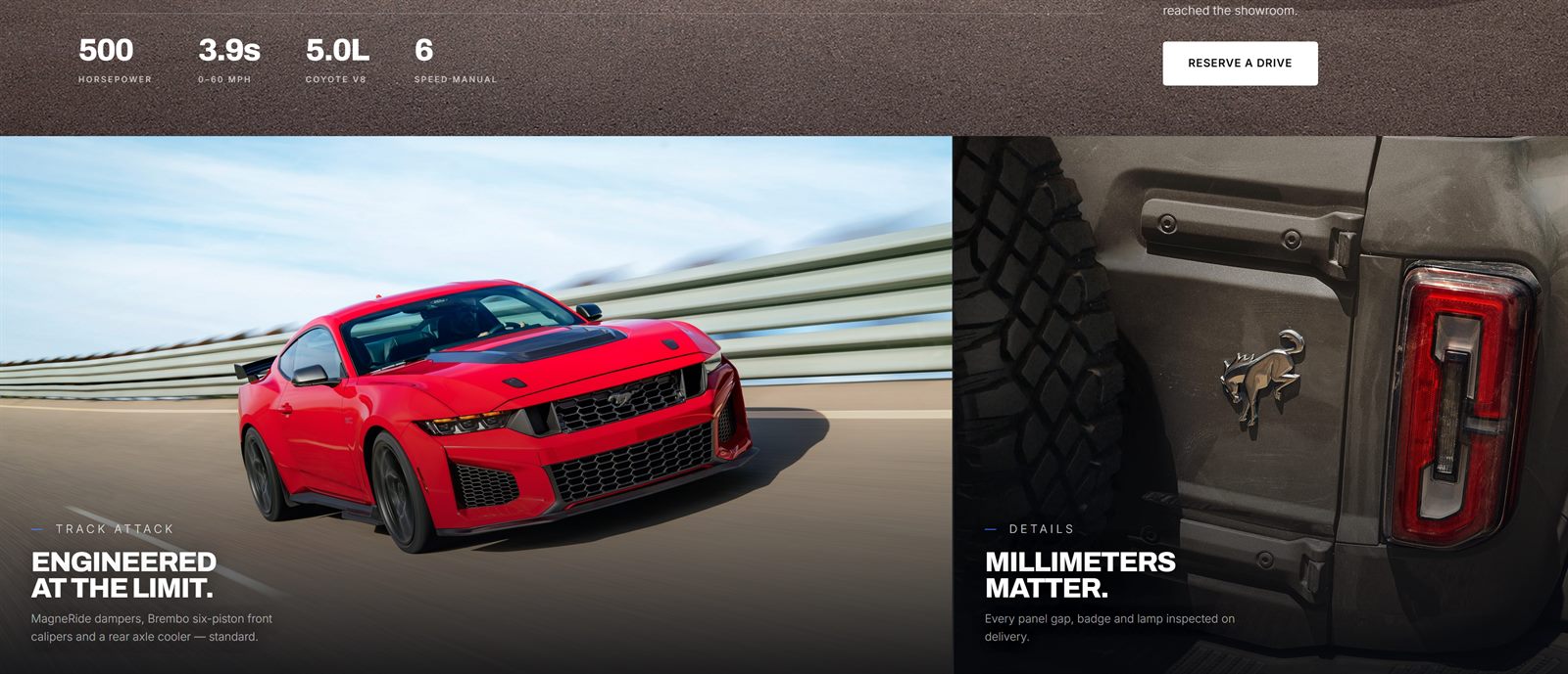 Performance specification strip above track and body-detail photography
