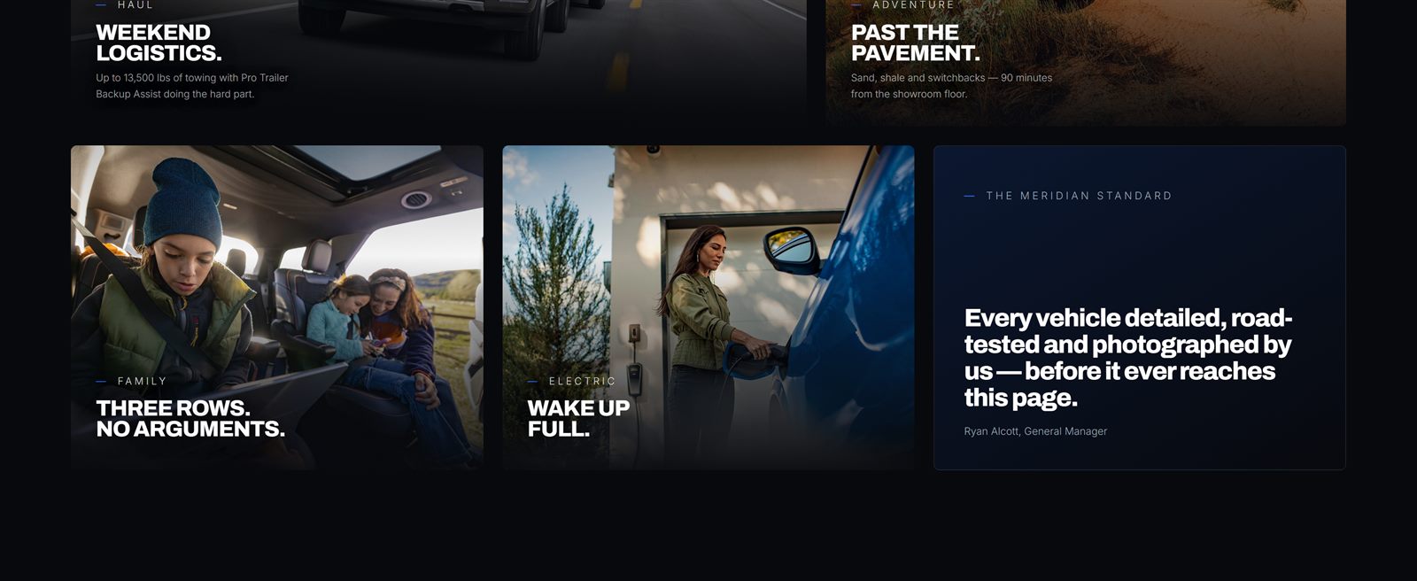 Lifestyle grid tiles beside a quote from the general manager on vehicle prep