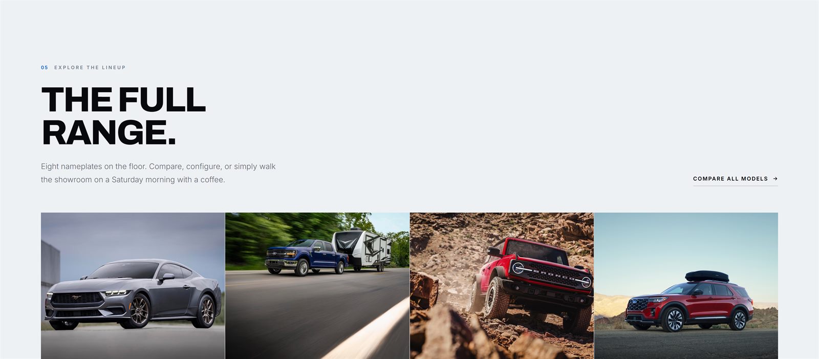 Light-themed lineup section headed The Full Range with four model tiles