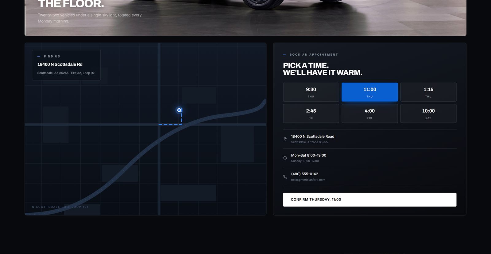 Location map beside an appointment picker offering specific time slots