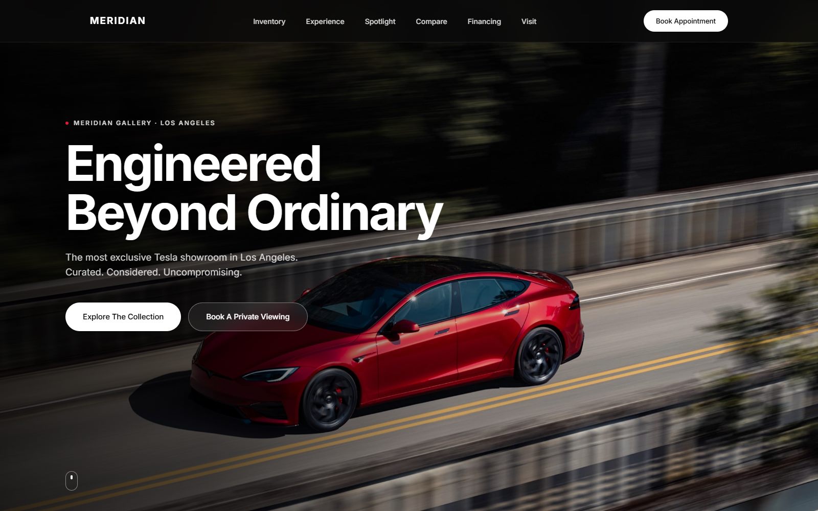 Meridian Gallery concept homepage with a red Model S and the headline Engineered Beyond Ordinary