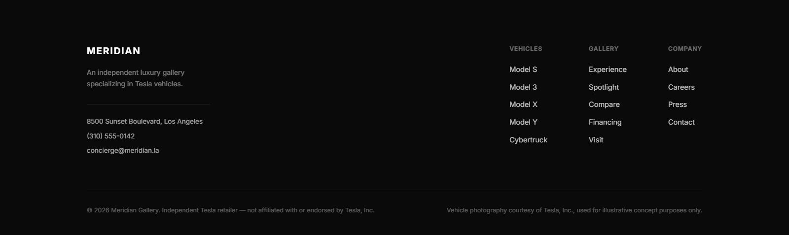 Site footer with vehicle and company links and an independent-retailer disclaimer